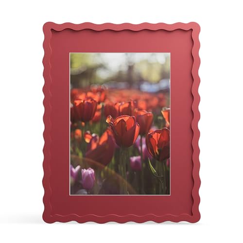 THKRLOF 11x14 Picture Frame with Mat for 8x10 Wavy Edge Wooden Real Glass Photo Frame for Wall Hanging Red 1 Pack - Image 1
