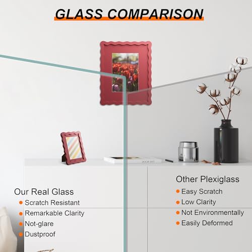 THKRLOF 11x14 Picture Frame with Mat for 8x10 Wavy Edge Wooden Real Glass Photo Frame for Wall Hanging Red 1 Pack - Image 3