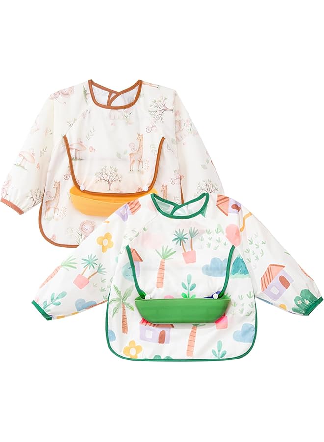 ECVV 2Pcs Long Sleeve Baby Bibs Mess Proof Infant Feeding Bibs With Food Catcher Waterproof Cute Cartoon Pattern Baby Smocks Eating Bib For Toddlers One Size - Image 1