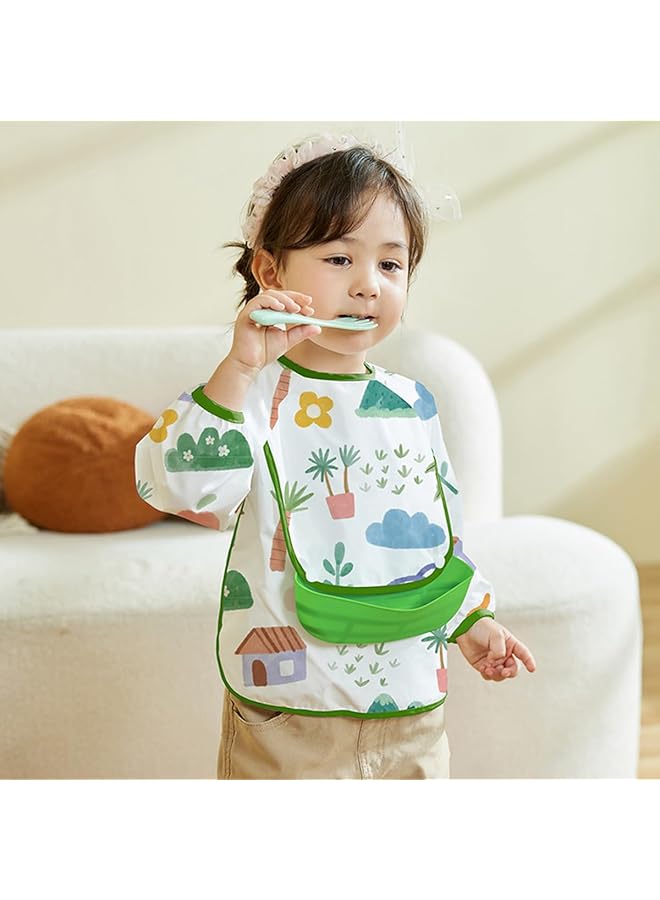 ECVV 2Pcs Long Sleeve Baby Bibs Mess Proof Infant Feeding Bibs With Food Catcher Waterproof Cute Cartoon Pattern Baby Smocks Eating Bib For Toddlers One Size - Image 2