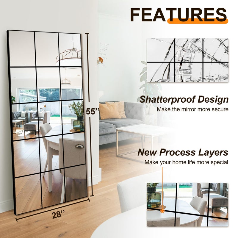 Delma Full Length Mirror, 28"x 55" Window Pane Decorative Mirror for Wall, Black Metal Framed Wall Decor, Wall Mounted, Hanging or Leaning for Bedroom, Living Room, Entryway - Image 2