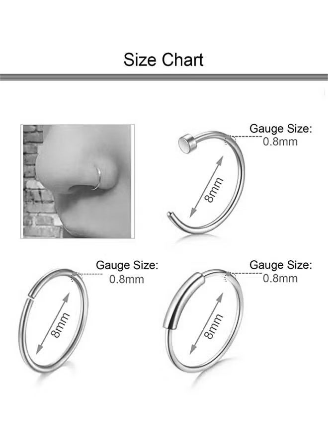 21 قطعة حلقات الأنف الدائرية للنساء والرجال مصنوعة من الفولاذ الجراحي المضاد للحساسية على شكل حرف L أقراط الأنف الدائرية مقاس 8 مم مجوهرات ثقب الأنف الفضية - Image 5