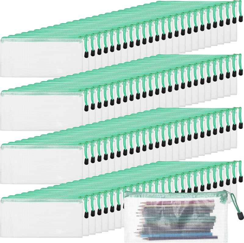 Handepo 100 Pack Mesh Zipper Pouch Pencil Pouches Bulk Clear File Bag Waterproof Document Pouch Multipurpose for Storage Office Travel Puzzle Game(A6/9.45x4.53in,White Pouch Green Zipper) - Image 1