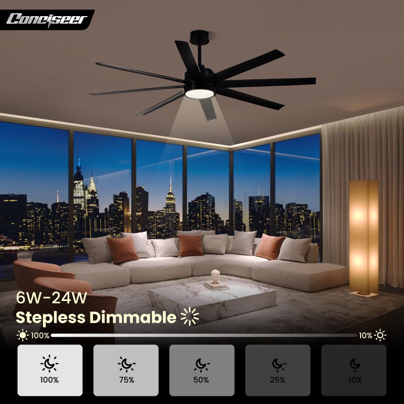 Conciseer Modern Ceiling Fans with Lights, 65 Inch Ceiling Fan with Light and Remote for Bedroom Living Room Kitchen Office, Indoor/Outdoor Use, 24W 3CCT 8 Blades 6 Speed Reversible Quiet DC Motor, Black - Image 4
