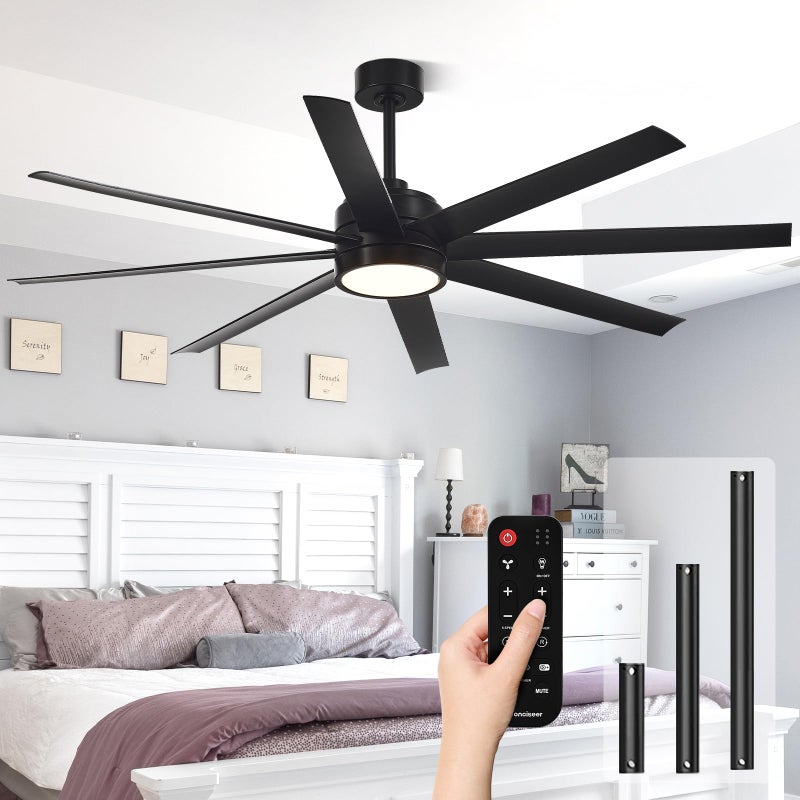 Conciseer Modern Ceiling Fans with Lights, 65 Inch Ceiling Fan with Light and Remote for Bedroom Living Room Kitchen Office, Indoor/Outdoor Use, 24W 3CCT 8 Blades 6 Speed Reversible Quiet DC Motor, Black - Image 1