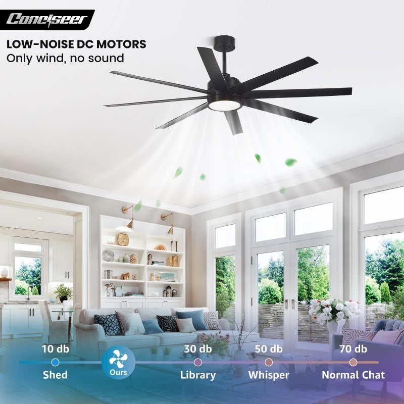 Conciseer Modern Ceiling Fans with Lights, 65 Inch Ceiling Fan with Light and Remote for Bedroom Living Room Kitchen Office, Indoor/Outdoor Use, 24W 3CCT 8 Blades 6 Speed Reversible Quiet DC Motor, Black - Image 2