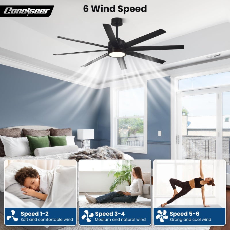Conciseer Modern Ceiling Fans with Lights, 65 Inch Ceiling Fan with Light and Remote for Bedroom Living Room Kitchen Office, Indoor/Outdoor Use, 24W 3CCT 8 Blades 6 Speed Reversible Quiet DC Motor, Black - Image 5