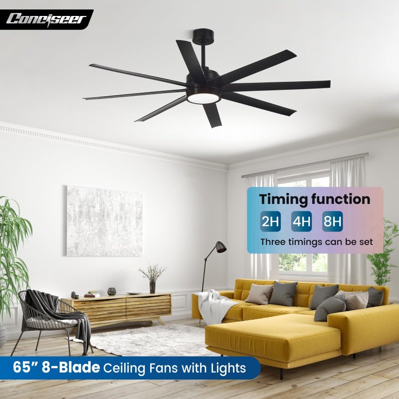 Conciseer Modern Ceiling Fans with Lights, 65 Inch Ceiling Fan with Light and Remote for Bedroom Living Room Kitchen Office, Indoor/Outdoor Use, 24W 3CCT 8 Blades 6 Speed Reversible Quiet DC Motor, Black - Image 3