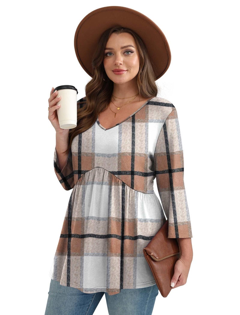 OFEEFAN Plus Size Fall Fashion Deals 3/4 Length Sleeve Womens Tops 2025 Business Casual Outfits for Women Cowboy Chic Tops for Teachers Chocolate Brown XL - Image 3