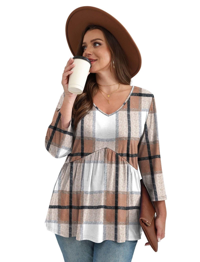 OFEEFAN Plus Size Fall Fashion Deals 3/4 Length Sleeve Womens Tops 2025 Business Casual Outfits for Women Cowboy Chic Tops for Teachers Chocolate Brown XL - Image 4