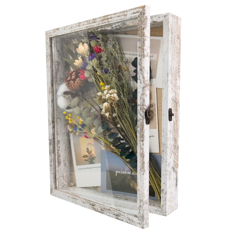 GraduationMall 11x14 Wood Shadow Box Frame Glass Door Display Case with Linen Back and 6 Stick Pins15 inches Interior DepthIdeal for Memorabilia Pictures Flowers Medals Tickets Rustic White