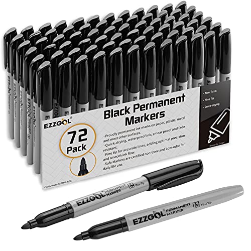 Ezzgol Permanent Markers Bulk, 72 Pack Black Permanent Marker Set, Fine Tip, Waterproof Markers, Premium Smear Proof Pens, Waterproof, Quick Drying, Office Supplies for School, Office, Home - Image 1