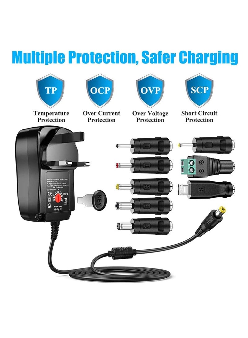 DUNISO Universal 30W 3V 4.5V 5V 6V 7.5V 9V 12V AC Adapter Switching Power Supply Charger PSU with 8 Selectable Adaptor Tips for 3V-12V Household Electronics and LED Strip - Image 2