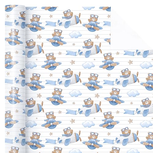 WRAPAHOLIC Bear Baby Shower Wrapping Paper Roll Mini Roll 17 Inch x 165 Feet Airplane Teddy Bear Baby Boy Wrapping Paper Perfect for Kids Boys Birthday Newborn Gift Wrap - Image 5