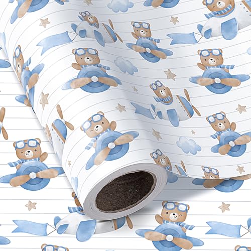 WRAPAHOLIC Bear Baby Shower Wrapping Paper Roll Mini Roll 17 Inch x 165 Feet Airplane Teddy Bear Baby Boy Wrapping Paper Perfect for Kids Boys Birthday Newborn Gift Wrap - Image 2