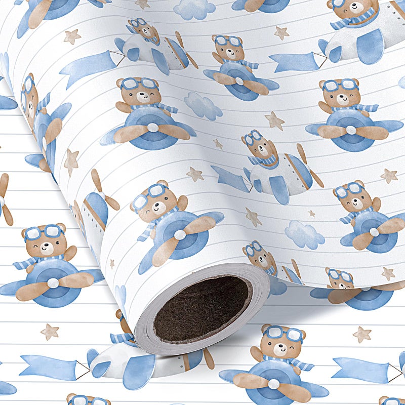 WRAPAHOLIC Bear Baby Shower Wrapping Paper Roll Mini Roll 17 Inch x 165 Feet Airplane Teddy Bear Baby Boy Wrapping Paper Perfect for Kids Boys Birthday Newborn Gift Wrap - Image 3
