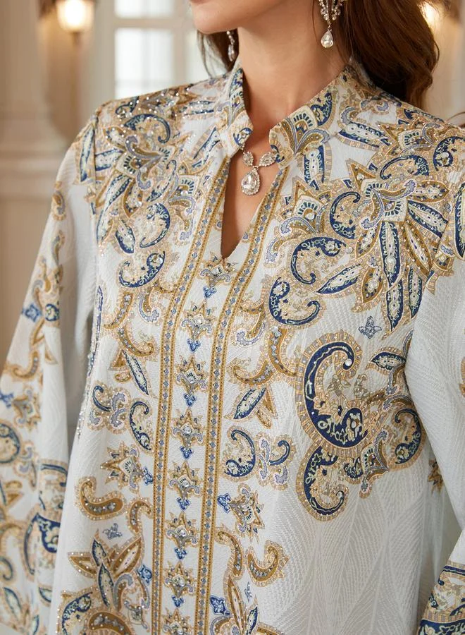 تايك تو جلابية بياقة ونسيج بارز وطبعة زهور