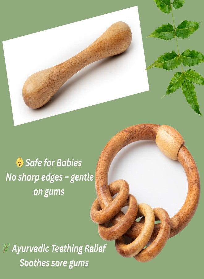 WoCra® Neem Wood Baby Rattle Toys -Combo Pack of 2 | Natural Wooden Teething & Chew Toys for Newborns, Infants & Toddlers | Dumbbell Teether + Teething Ring Rattle | Safe & Non-Toxic Baby Soothers - Image 4