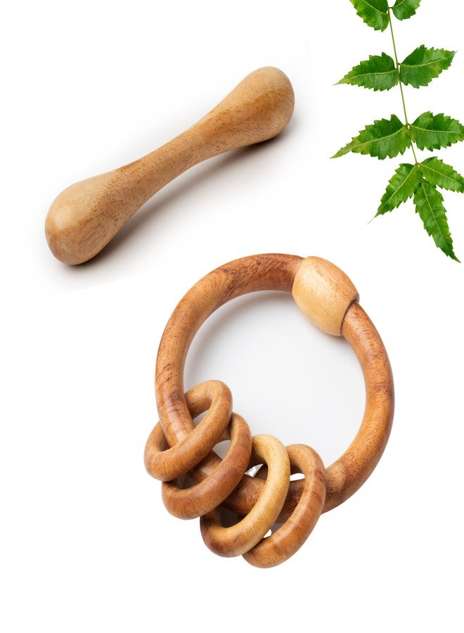 WoCra® Neem Wood Baby Rattle Toys -Combo Pack of 2 | Natural Wooden Teething & Chew Toys for Newborns, Infants & Toddlers | Dumbbell Teether + Teething Ring Rattle | Safe & Non-Toxic Baby Soothers - Image 1
