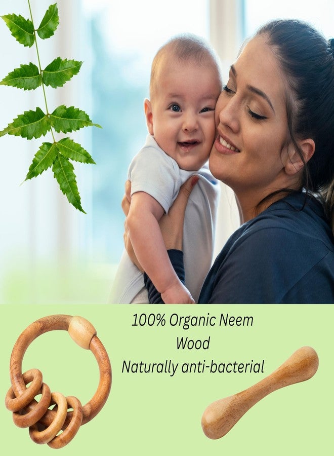 WoCra® Neem Wood Baby Rattle Toys -Combo Pack of 2 | Natural Wooden Teething & Chew Toys for Newborns, Infants & Toddlers | Dumbbell Teether + Teething Ring Rattle | Safe & Non-Toxic Baby Soothers - Image 5