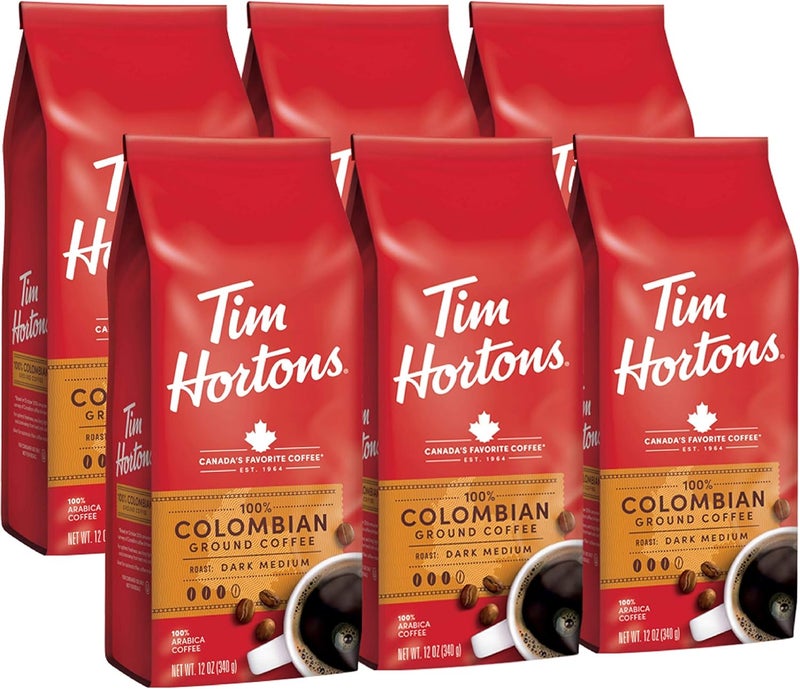 Tim Hortons قهوة تيم هورتونز الكولومبية متوسطة-داكنة التحميص، حبوب أرابيكا 100%، 12 أونصة (عبوة من 6) - Image 1
