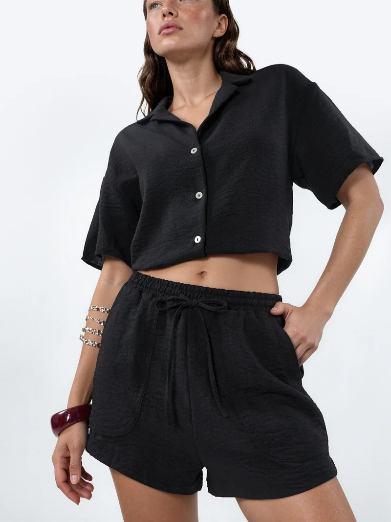 بوسيم BUSEM Mid Waist Wide Leg Shorts with Drawstring Waist