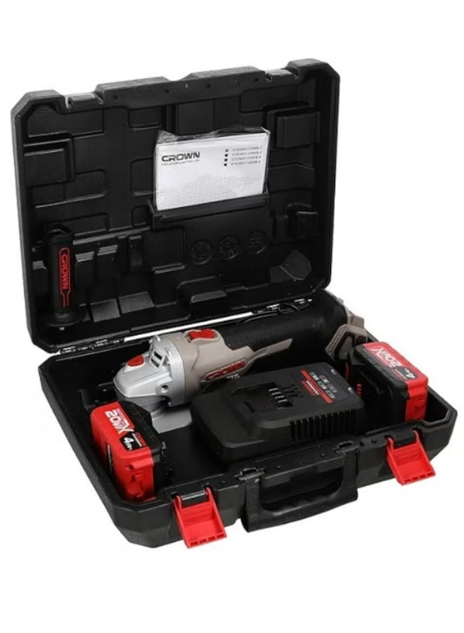 CROWN CT233001-125HX-4 Cordless Brushless Angle Grinder – 20V Max – 125mm (5 Inch) – 2 x 4.0Ah Batteries – Charger & Carrying Case Included