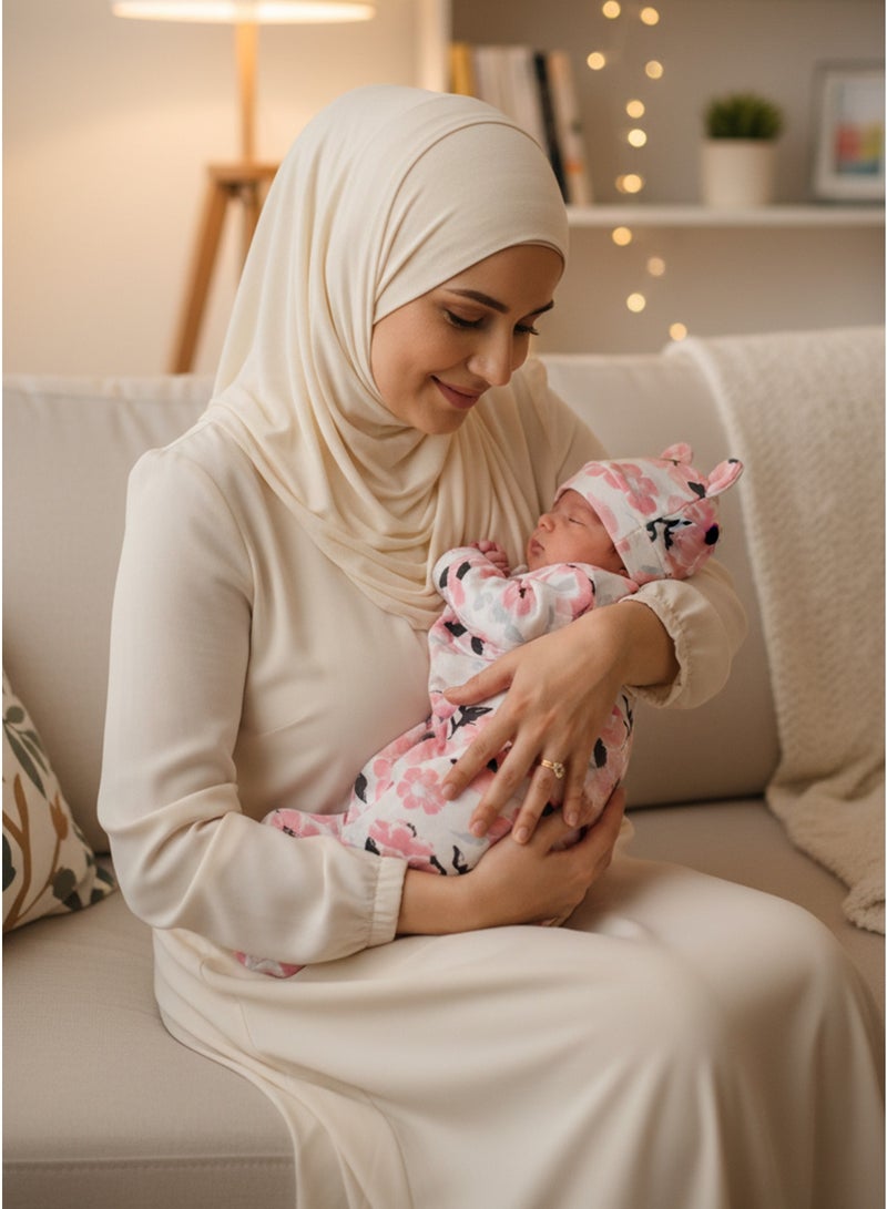 Floral Print Newborn Swaddle Wrap & Hat Set, Soft Receiving Blanket & Anti-Kick Sleeping Quilt, Hospital Essential – 2-Piece Set - Image 3