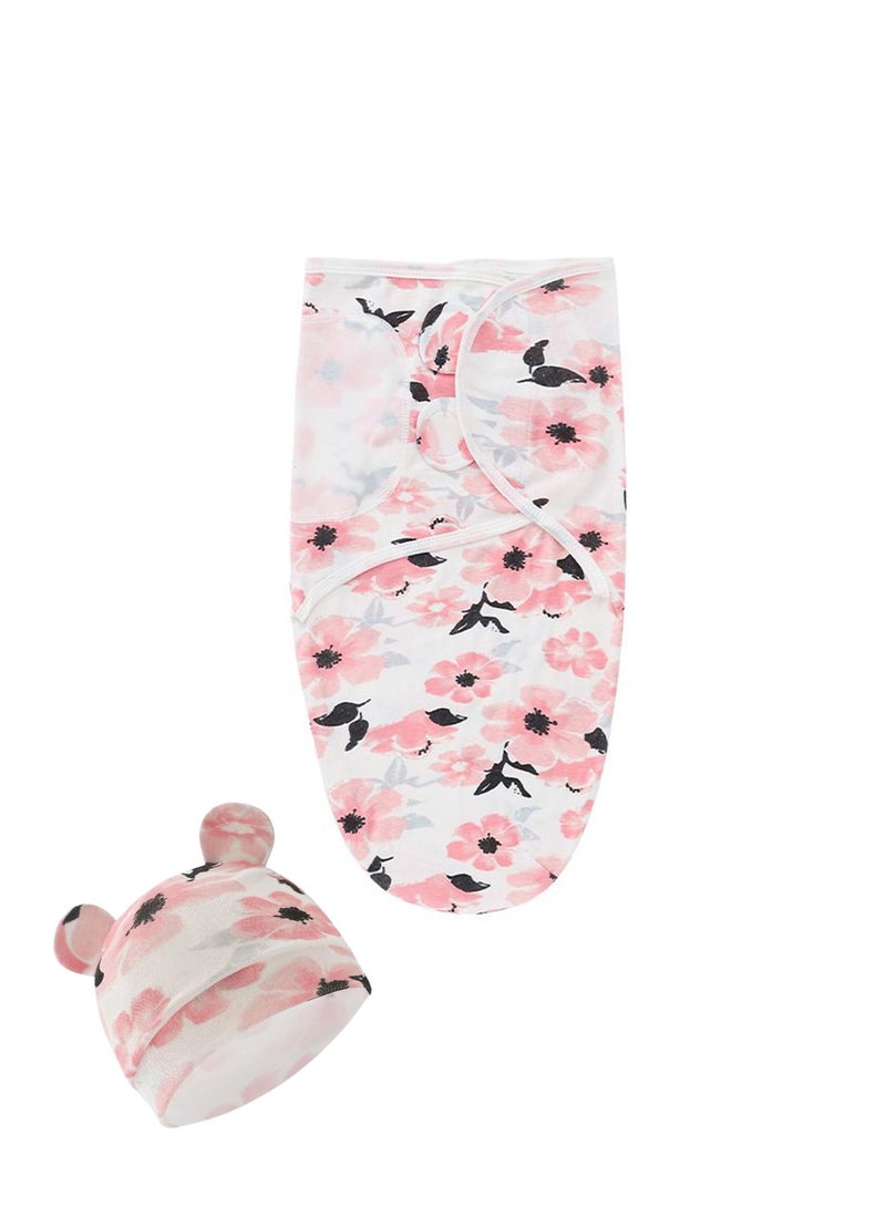 Floral Print Newborn Swaddle Wrap & Hat Set, Soft Receiving Blanket & Anti-Kick Sleeping Quilt, Hospital Essential – 2-Piece Set - Image 5