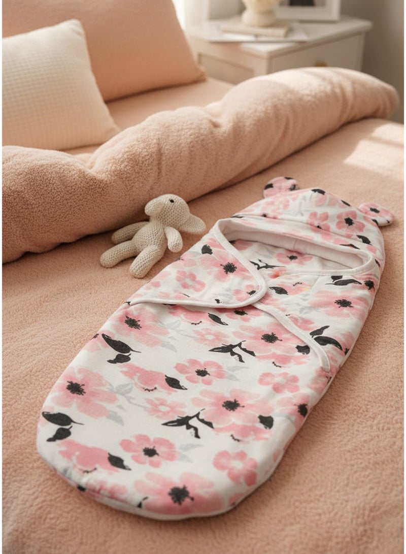 Floral Print Newborn Swaddle Wrap & Hat Set, Soft Receiving Blanket & Anti-Kick Sleeping Quilt, Hospital Essential – 2-Piece Set - Image 2