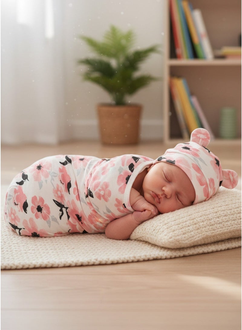 Floral Print Newborn Swaddle Wrap & Hat Set, Soft Receiving Blanket & Anti-Kick Sleeping Quilt, Hospital Essential – 2-Piece Set - Image 1