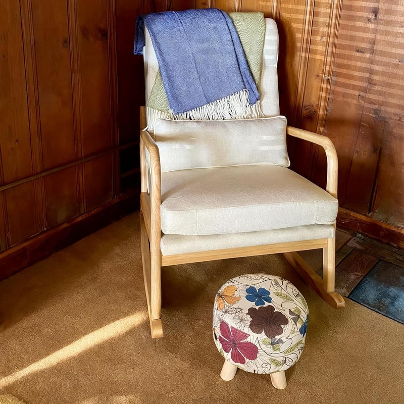 Asense Small Round Ottoman Foot Rest Stool Linen Padded Seat Footstool Ottoman with Anti-Slip Wooden Legs (Flower,Linen) - Image 2