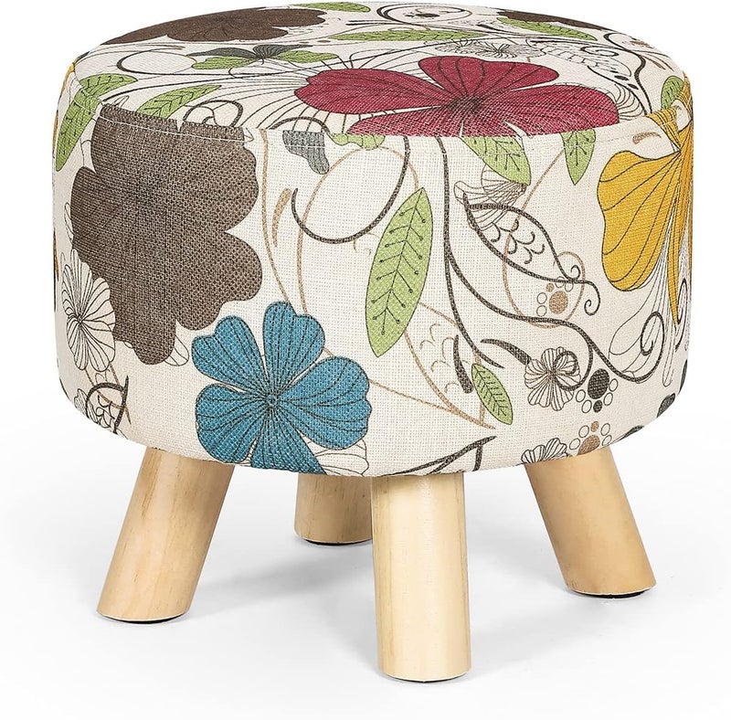 Asense Small Round Ottoman Foot Rest Stool Linen Padded Seat Footstool Ottoman with Anti-Slip Wooden Legs (Flower,Linen) - Image 1