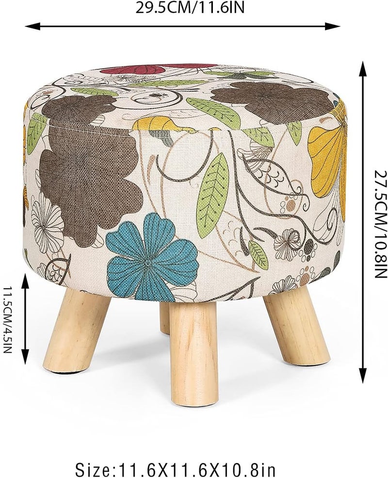 Asense Small Round Ottoman Foot Rest Stool Linen Padded Seat Footstool Ottoman with Anti-Slip Wooden Legs (Flower,Linen) - Image 3