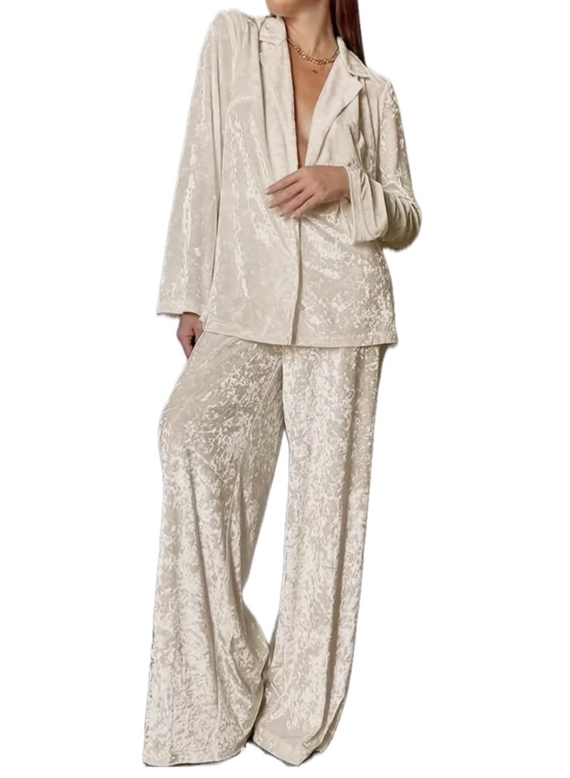 SOLOBUY Velvet Two-Piece Loungewear Set, Beige, Long Sleeve Blazer with Wide-Leg Trousers, Plush - Image 1