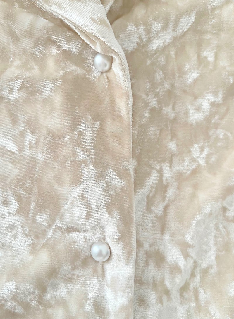 SOLOBUY Velvet Two-Piece Loungewear Set, Beige, Long Sleeve Blazer with Wide-Leg Trousers, Plush - Image 3