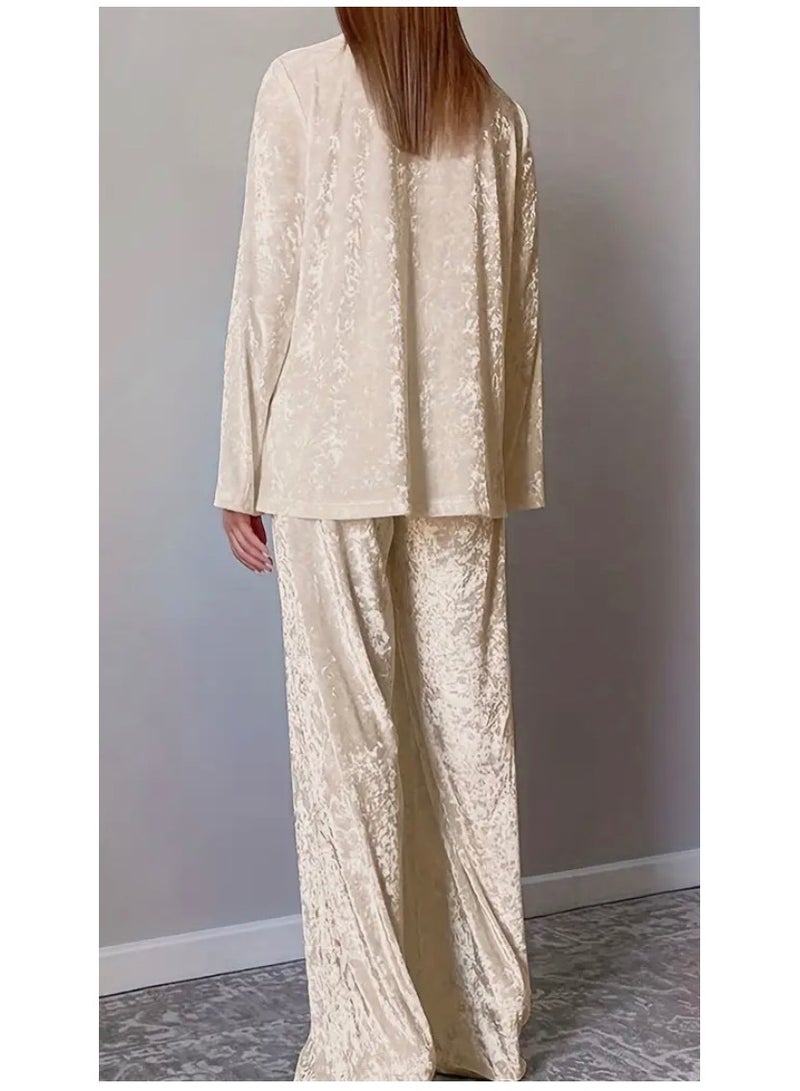 SOLOBUY Velvet Two-Piece Loungewear Set, Beige, Long Sleeve Blazer with Wide-Leg Trousers, Plush - Image 5