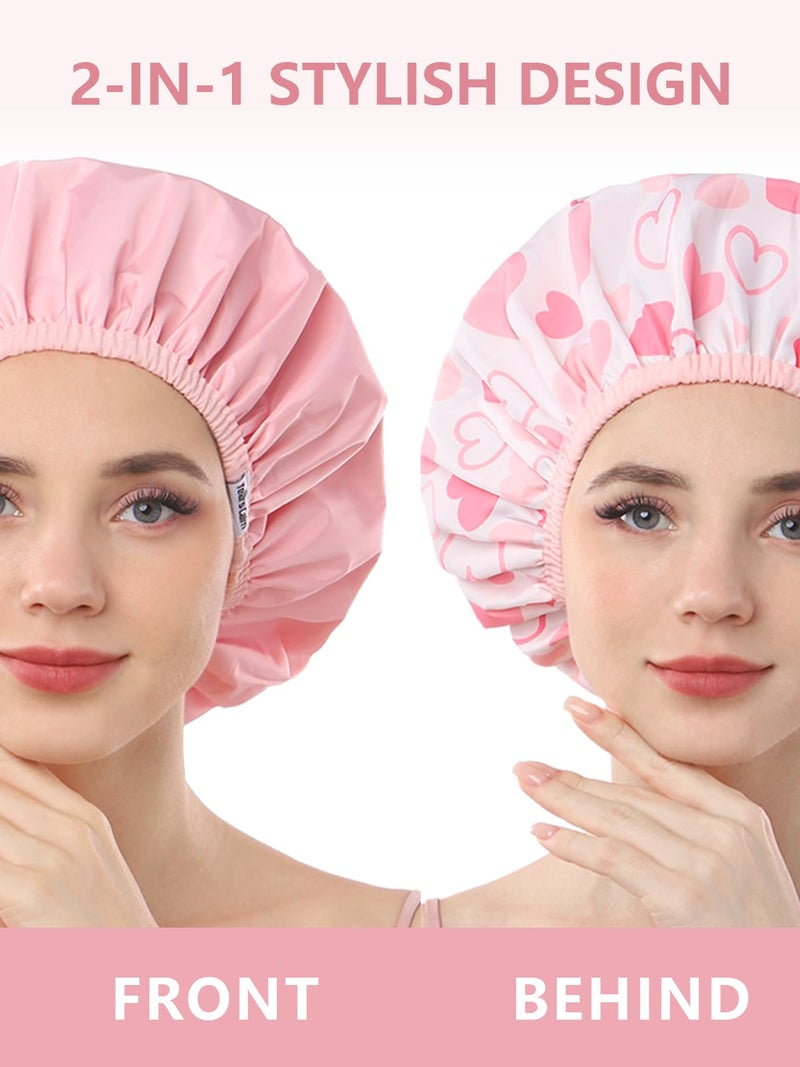 Years Calm Shower Caps For Women Reusable Waterproofï¼ŒPattern And Solid Color Dual-Layer Design For Dual-Layer Usableï¼ŒProtects Hair In Shower, Spa, Cooking, Clean & Travel (Pink, Extra Large) - Image 2
