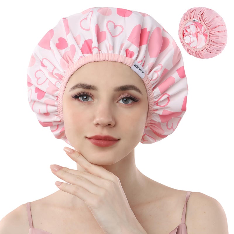Years Calm Shower Caps For Women Reusable Waterproofï¼ŒPattern And Solid Color Dual-Layer Design For Dual-Layer Usableï¼ŒProtects Hair In Shower, Spa, Cooking, Clean & Travel (Pink, Extra Large) - Image 1