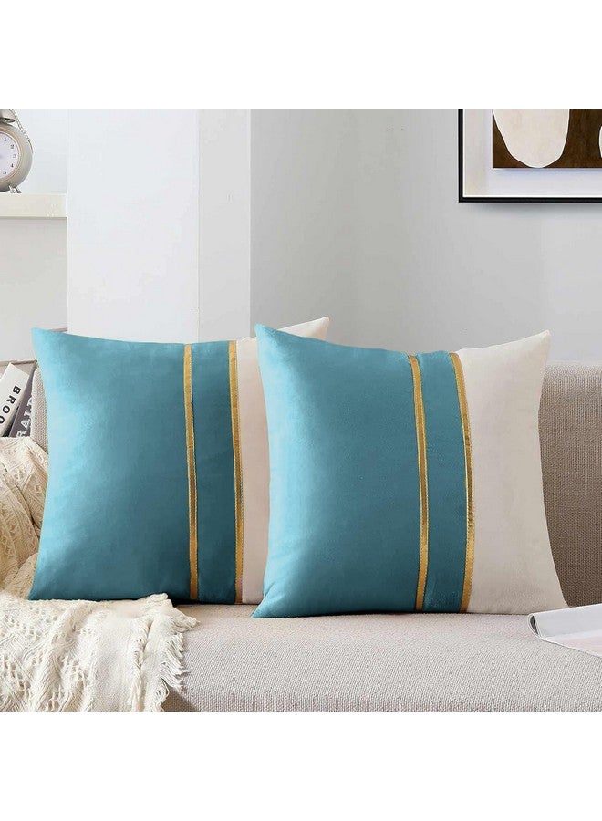 AEROHAVEN™ Set of 2 Premium Velvet with Gold Stripes Decorative Throw Pillow/Cushion Covers with Invisible Zipper - (16 x 16 Inch, Aqua) - Image 1