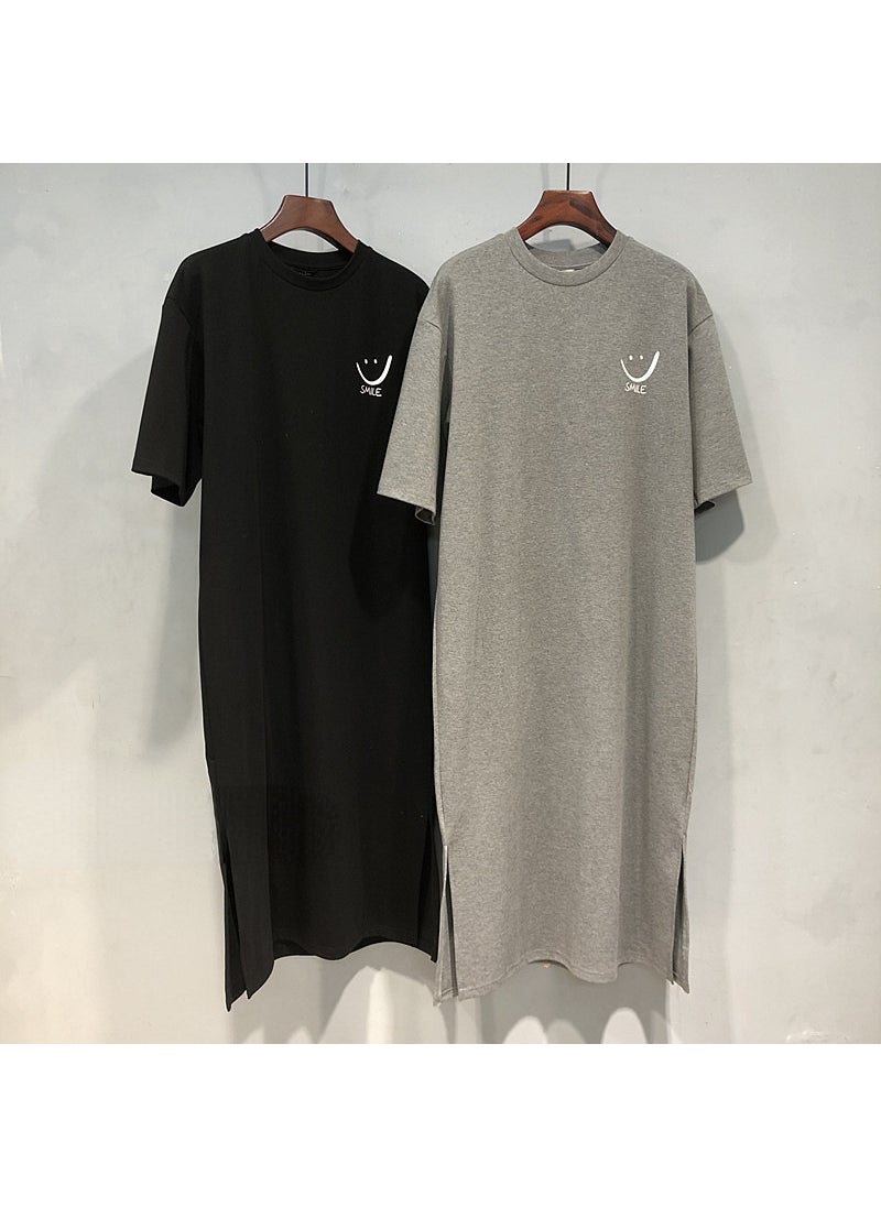 Generic - 2024 Summer Cotton Smiley Face Long Split T-Shirt Dress for Women Grey - Image 1