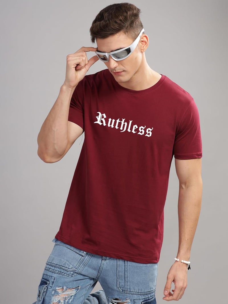 adro تي شيرت ADRO للرجال بطباعة جرافيك جريئة باللون الماروني - تي شيرت قطن فاخر بقصة عنق دائرية - Image 5