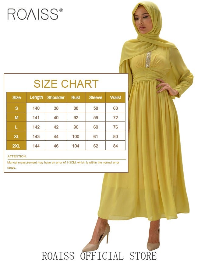 roaiss Ladies Dress Solid Color  High-Rise Chiffon Waist Puff Sleeve Long Sleeve Crew Neck Abaya Dress for Ladies Ramadan Eid al-Adha  - Image 2