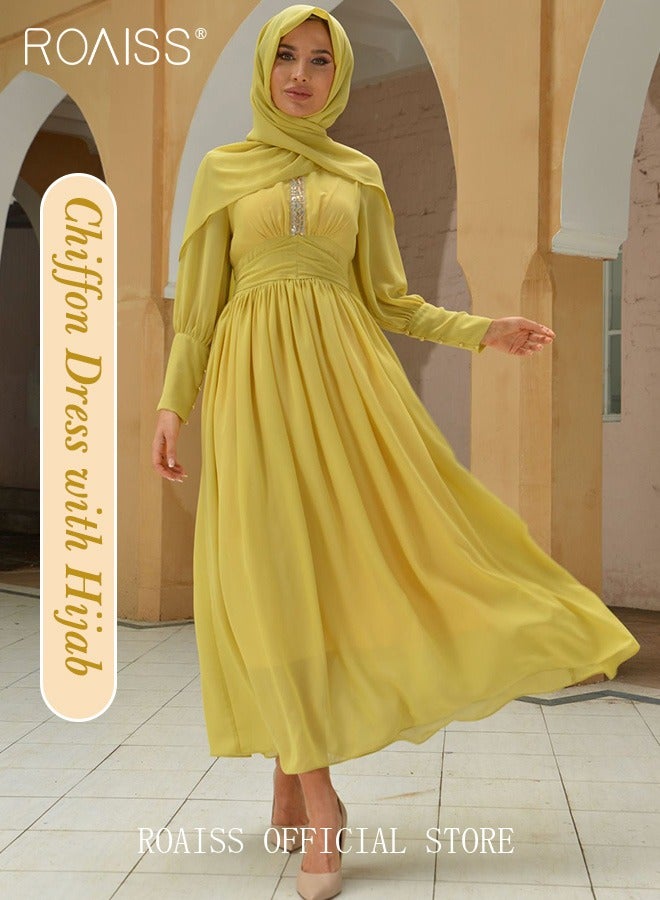 roaiss Ladies Dress Solid Color  High-Rise Chiffon Waist Puff Sleeve Long Sleeve Crew Neck Abaya Dress for Ladies Ramadan Eid al-Adha  - Image 1