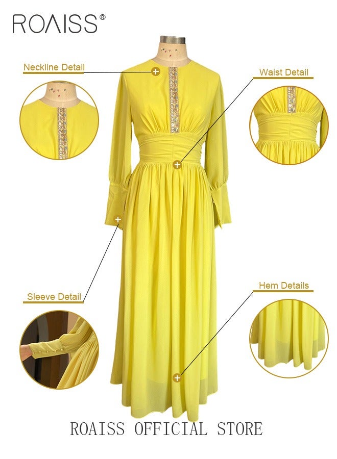 roaiss Ladies Dress Solid Color  High-Rise Chiffon Waist Puff Sleeve Long Sleeve Crew Neck Abaya Dress for Ladies Ramadan Eid al-Adha  - Image 4