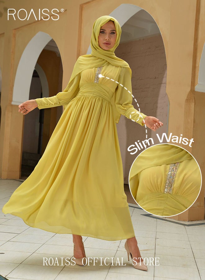 roaiss Ladies Dress Solid Color  High-Rise Chiffon Waist Puff Sleeve Long Sleeve Crew Neck Abaya Dress for Ladies Ramadan Eid al-Adha  - Image 5