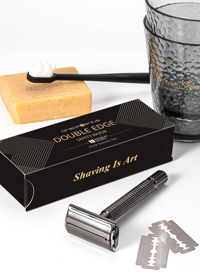 Double Edge Safety Razor, Long Handle Butterfly Open Razors for Men or Women,Single Blade Shaving Razor with 10 Stainless Steel,Double Edge Safety Razor Blades