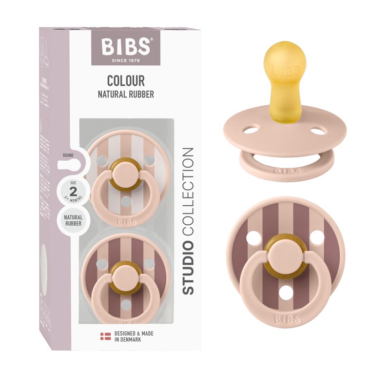 BIBS Pacifiers - Studio 2 Pack | Round Nipple Baby Pacifier | BPA Free Natural Rubber Latex Soother | Made in Denmark | Size 6+ Months | Block Blush - Image 1