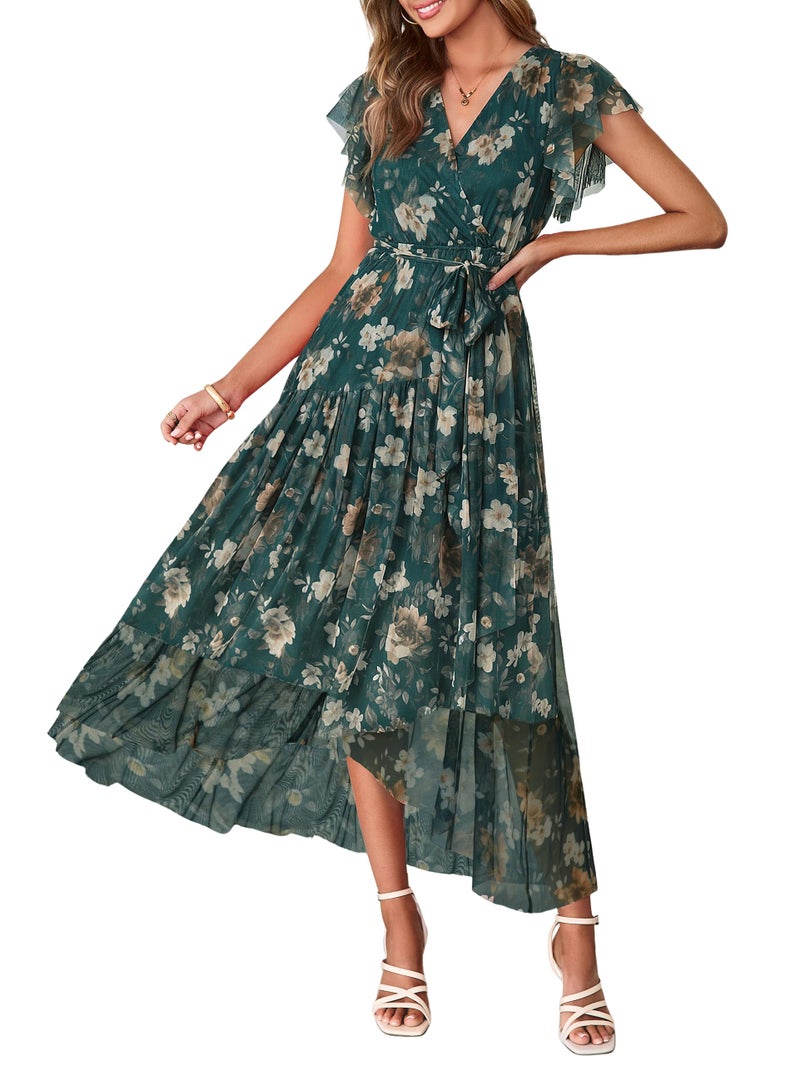Simplee Womens Summer Floral Boho Maxi Dress 2026 Flutter Sleeve Print Ruffle Mesh Midi Vacation Wedding Guest Dress(Dark Green L) - Image 1