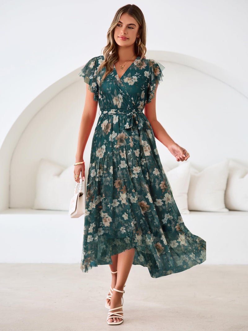 Simplee Womens Summer Floral Boho Maxi Dress 2026 Flutter Sleeve Print Ruffle Mesh Midi Vacation Wedding Guest Dress(Dark Green L) - Image 5